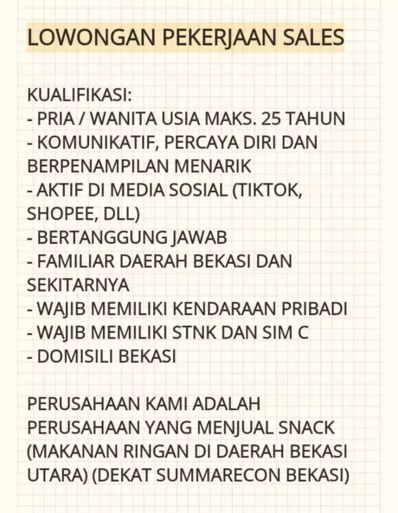 DIBUTUHKAN SEGERA SALES