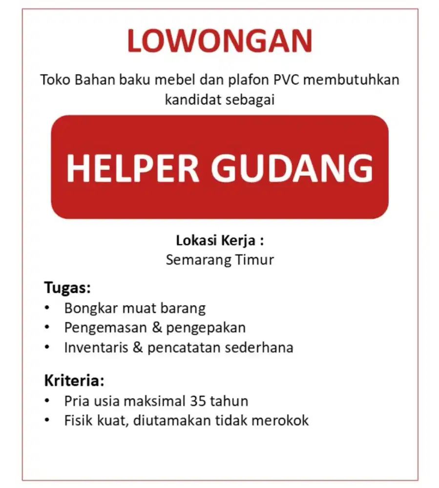 Lowongan Helper Gudang
