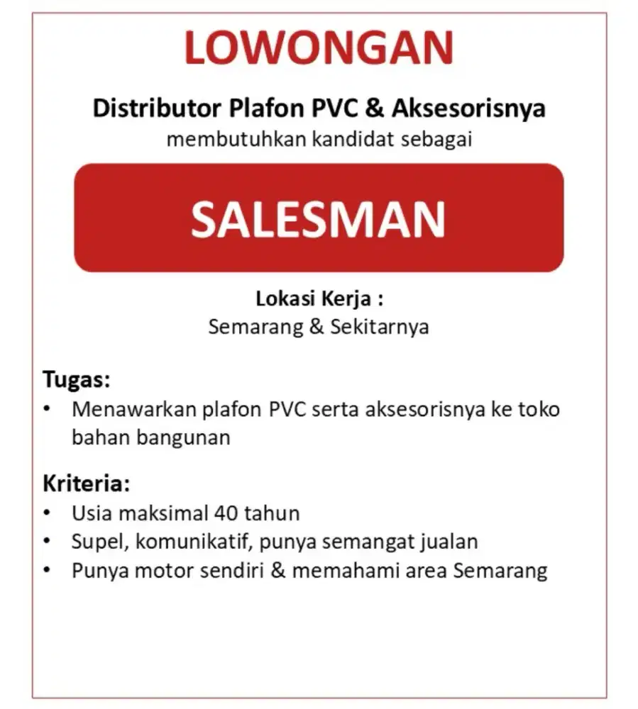 Lowongan sales Plafon PVC