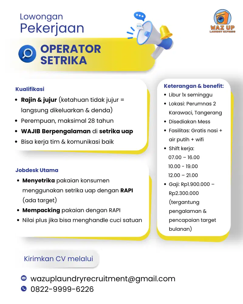 LOWONGAN SETRIKA UAP TANGERANG | ADA MESS