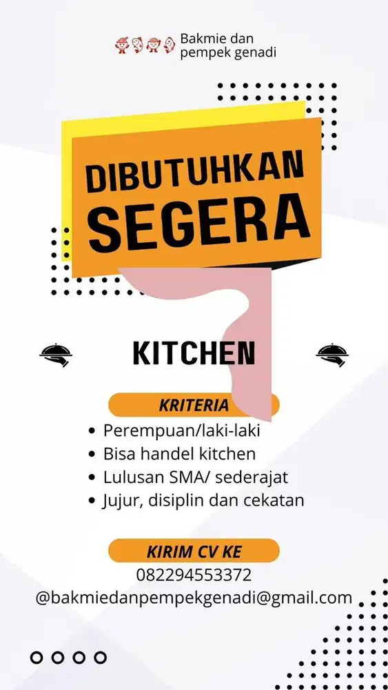 Di cari karyawan untuk kedai bakmie dan pempem