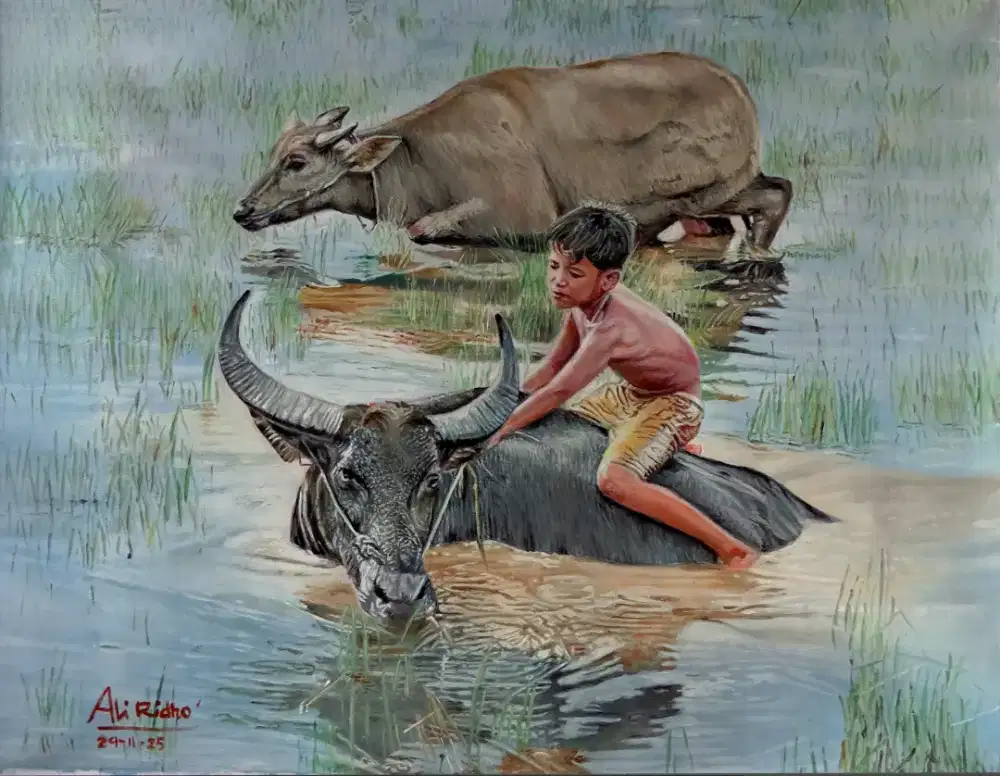 Lukisan Kanvas Angon Kerbau