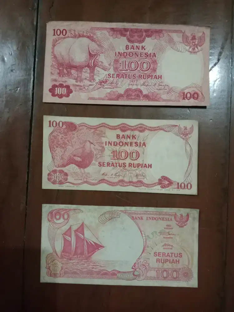 Uang Kertas 100 Rupiah 1977, 1984, 1992 (3 bh)