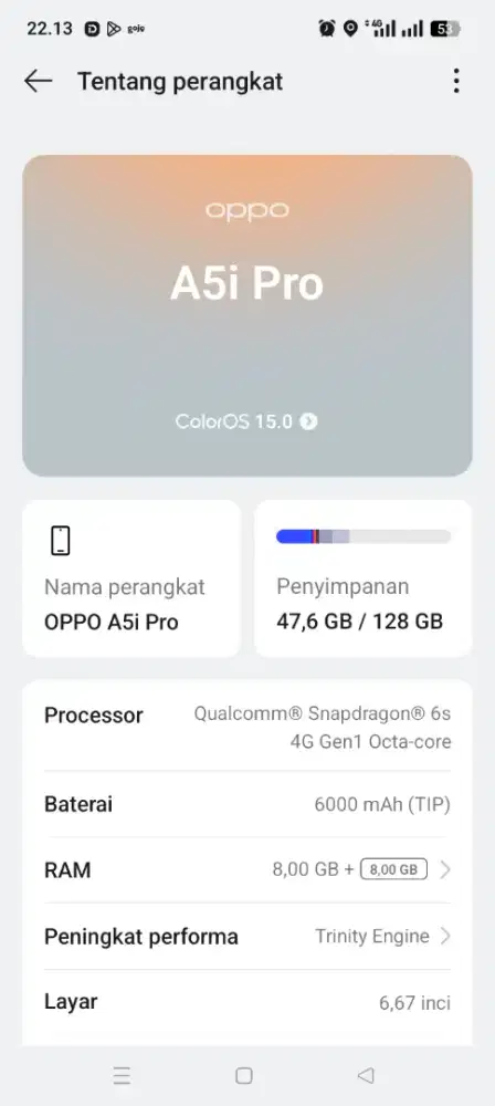 Di jual BU cepat hp Oppo A5i pro, ram 8+8/128, lokasi jakpus