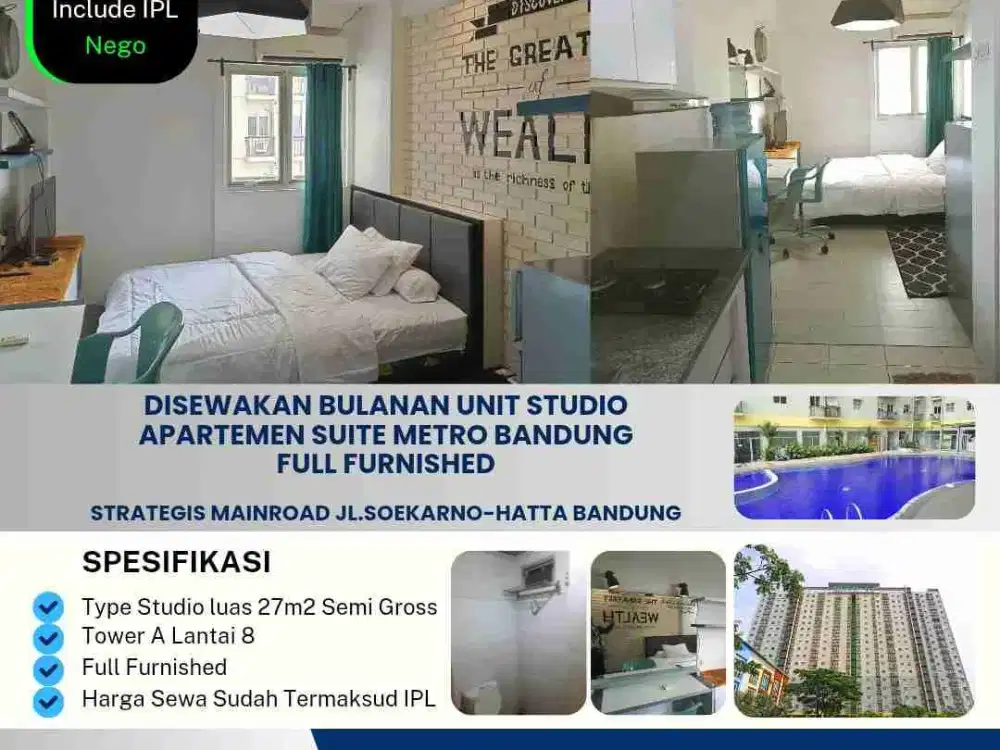 Disewakan bulanan unit studio
apartemen Suite Metro Bandung
full furnished.

Strategis mainroad jl.Soekarno-hatta Bandung.