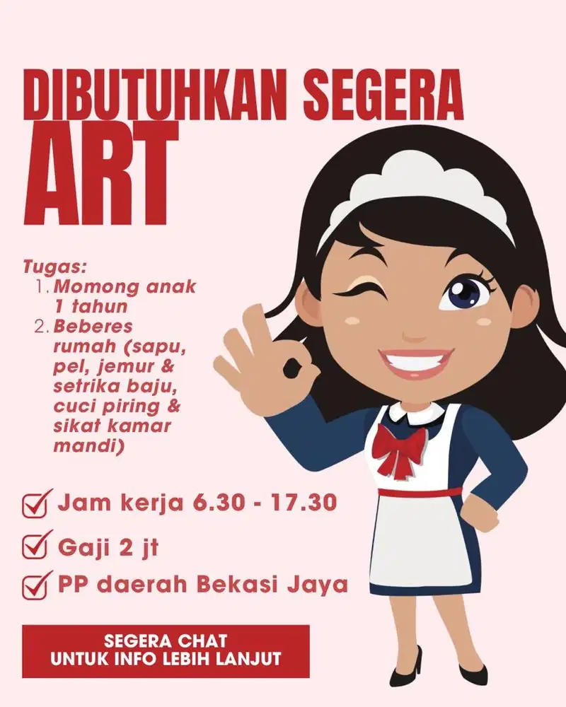 DIBUTUHKAN SEGERA ART PP DAERAH BEKASI JAYA (DEKAT SMAN 1 BEKASI)