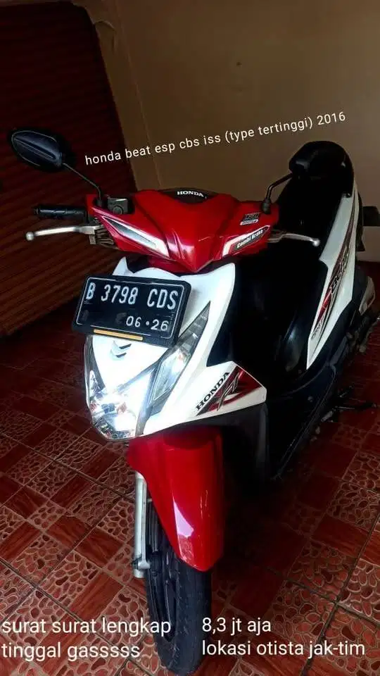honda beat 2016 FI CBS ISS MERAH PUTIH PEMAKAI PLAT B surat lengkap