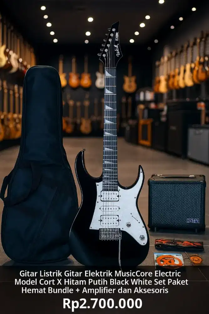 Gitar Listrik Elektrik Cort X Hitam Putih Black White Set Amplifier