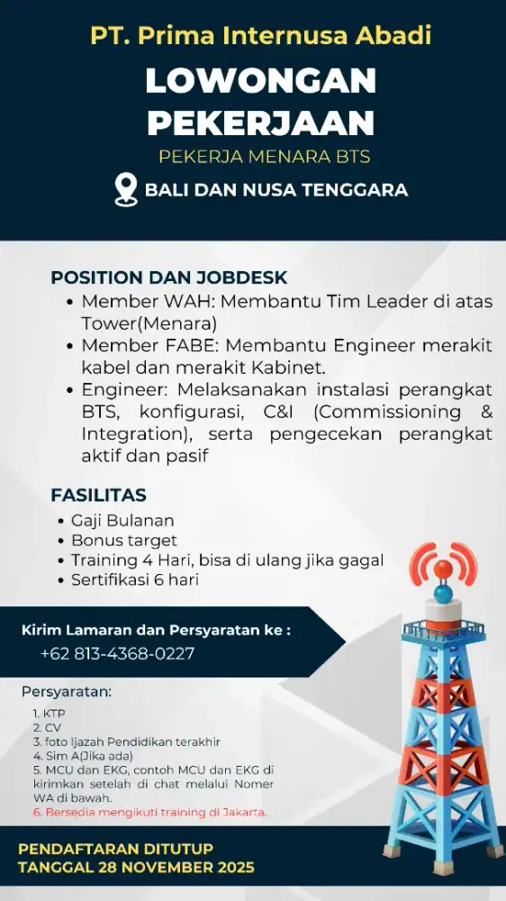 Dibutuhkan pekerja menara BTS