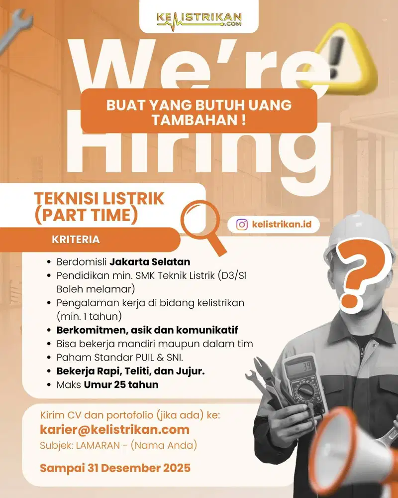 DIBUTUHKAN TEKNISI LISTRIK FREELANCE