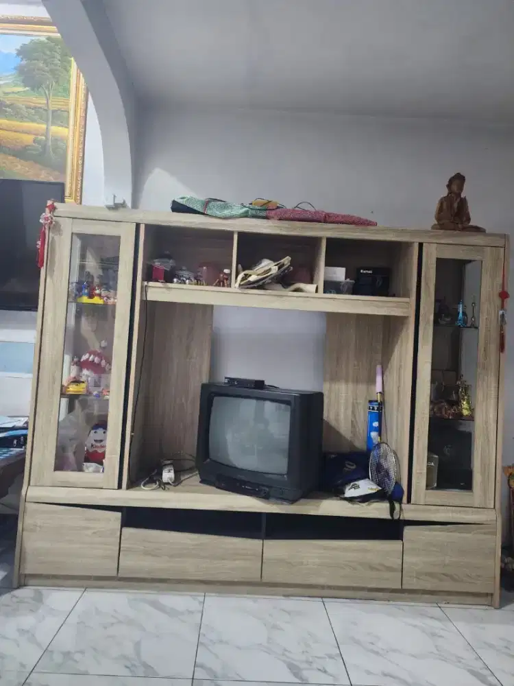 Lemari TV Kayu New 90% Kiri Kanan Kaca Modern Minimalis