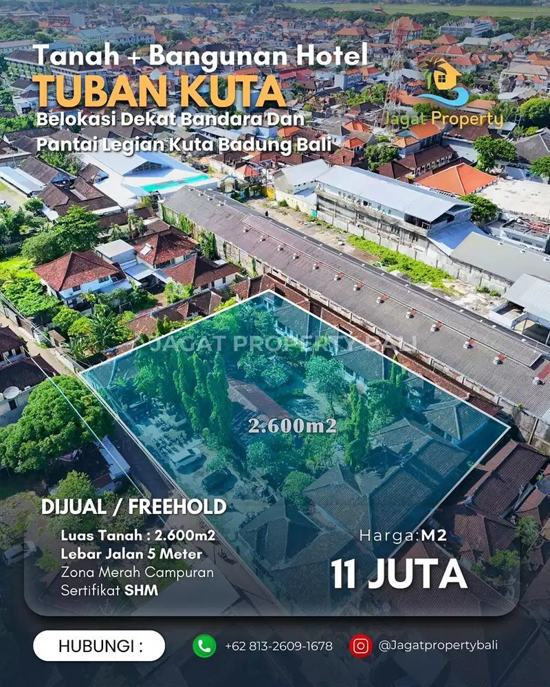 Dijual Tanah Bonus Bangunan Hotel Berlokasi Tuban Kediri Kuta Bali
