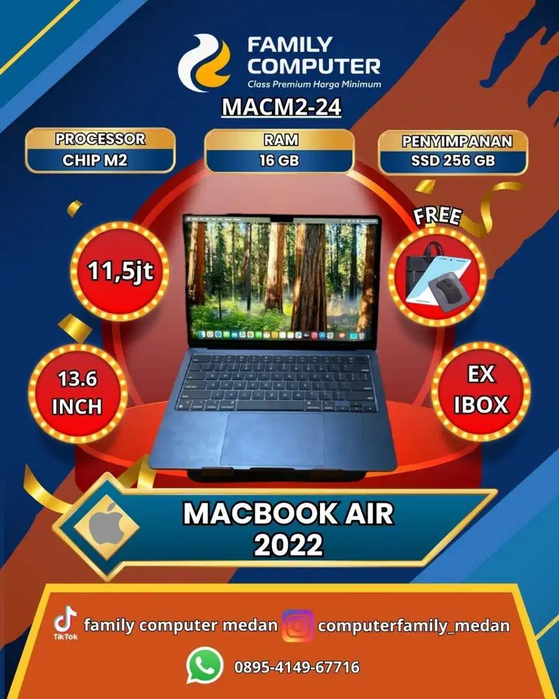 MACBOOK AIR M2 RAM 16GB SSD 256GB LAYAR 13'6 BH 98% FULLSET-IBOX