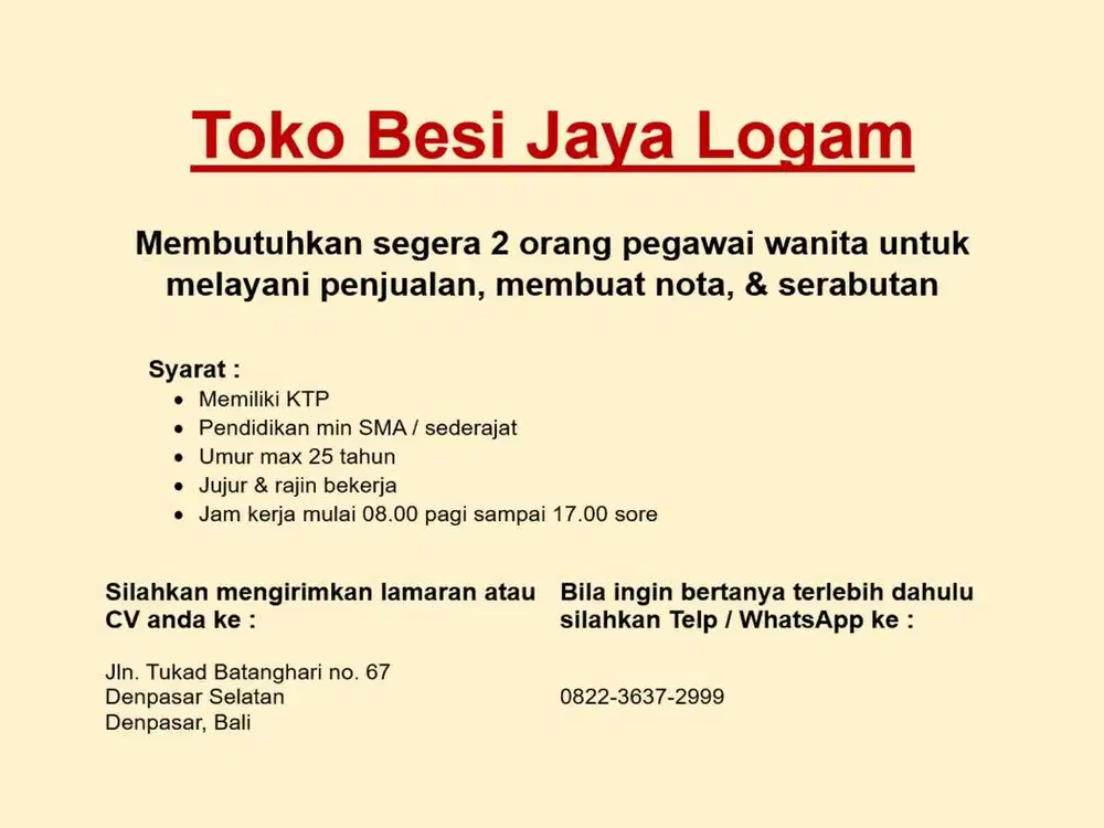 Lowongan Pegawai Wanita utk kerja di toko besi Jaya Logam