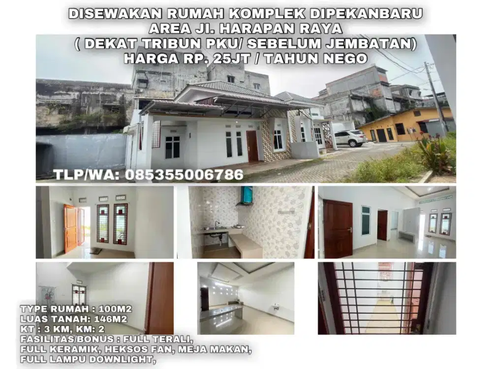 DISEWAKAN RUMAH JL HARAPAN RAYA DEKAT TRIBUN DAN SEBELUM JEMBATAN