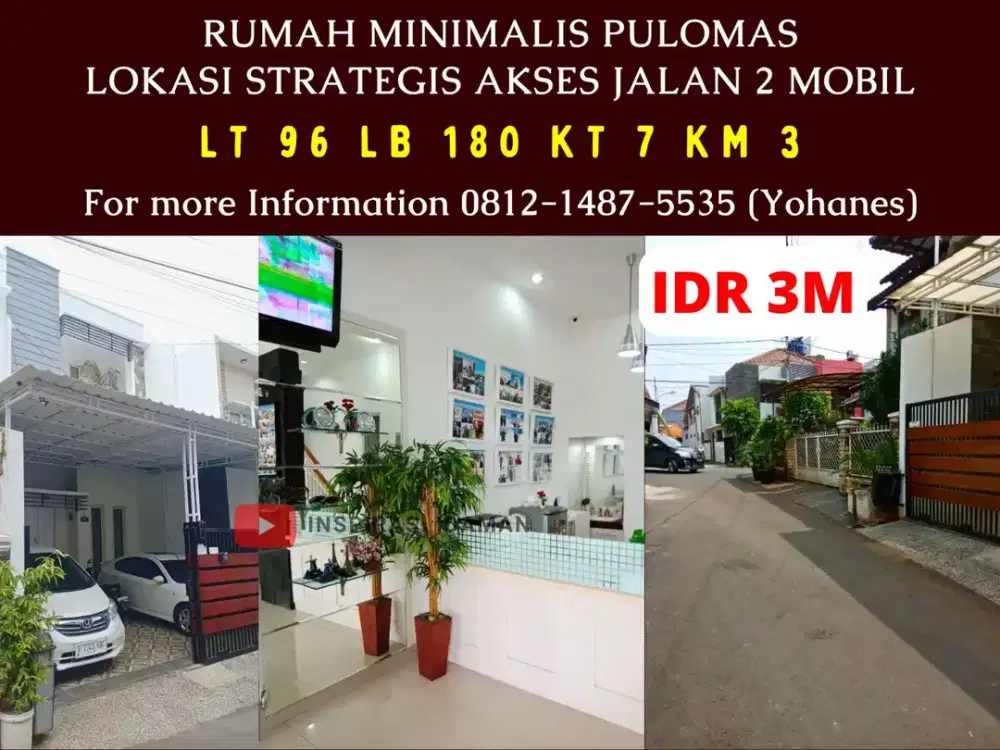 Rumah Minimalis Pulomas Lokasi Strategis Akses Jalan 2 Mobil