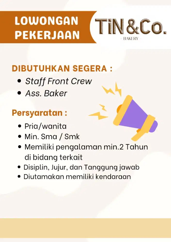 Lowongan front crew & Assisten baker