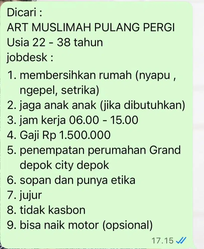 DICARI ART MUSLIMAH PP GDC DEPOK