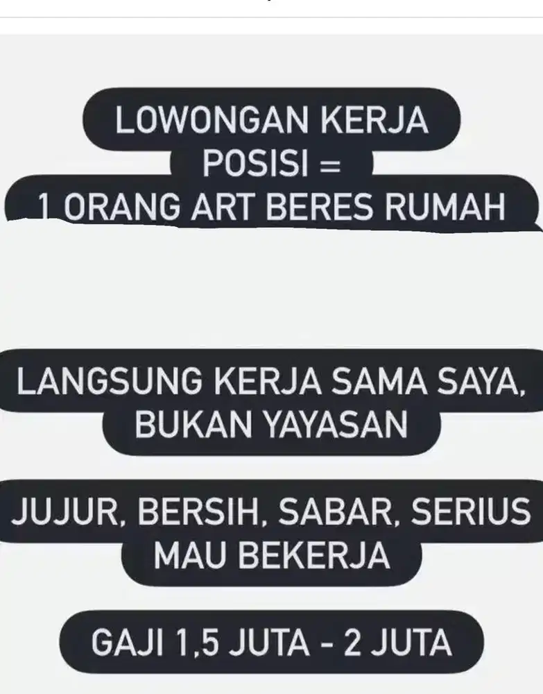 Loker ART PRT Bersih bersih rumah