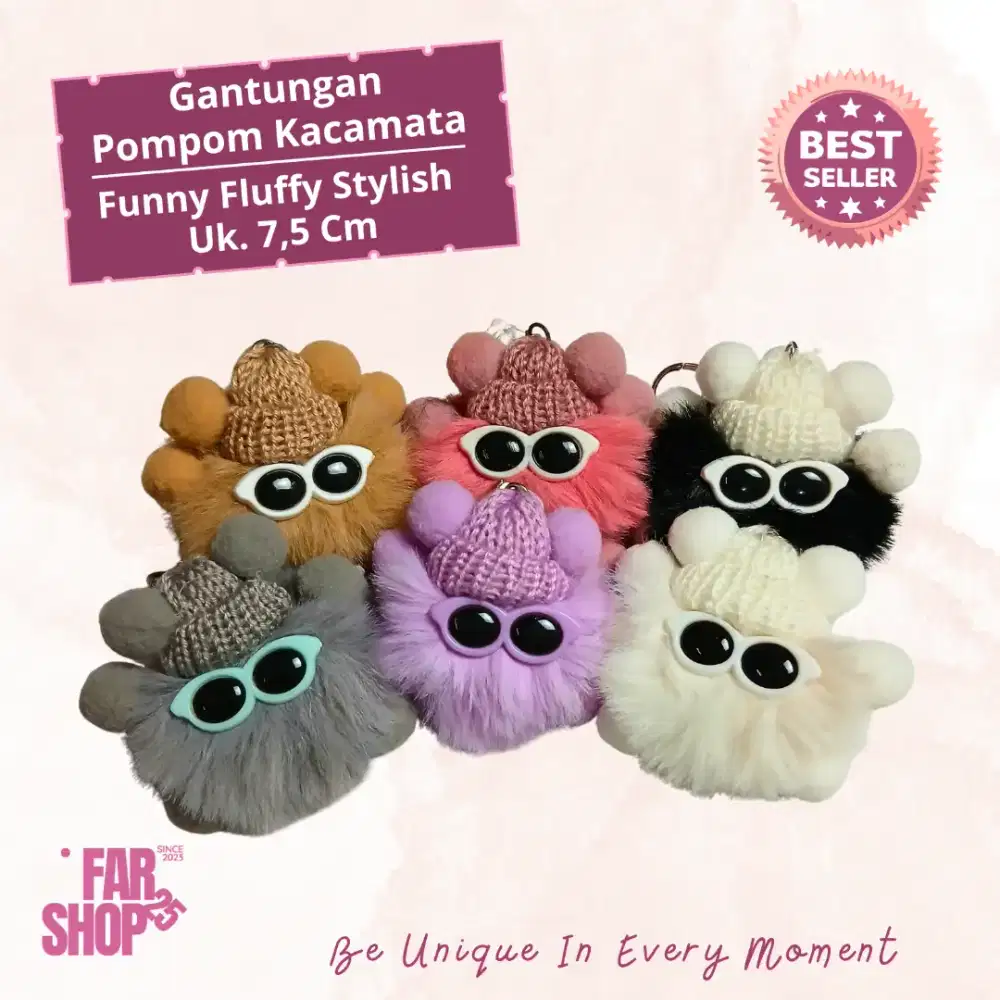 Gantungan Kunci Bulu Kacamata Lucu Murah Fluffy Keychain Stylish Gemoy