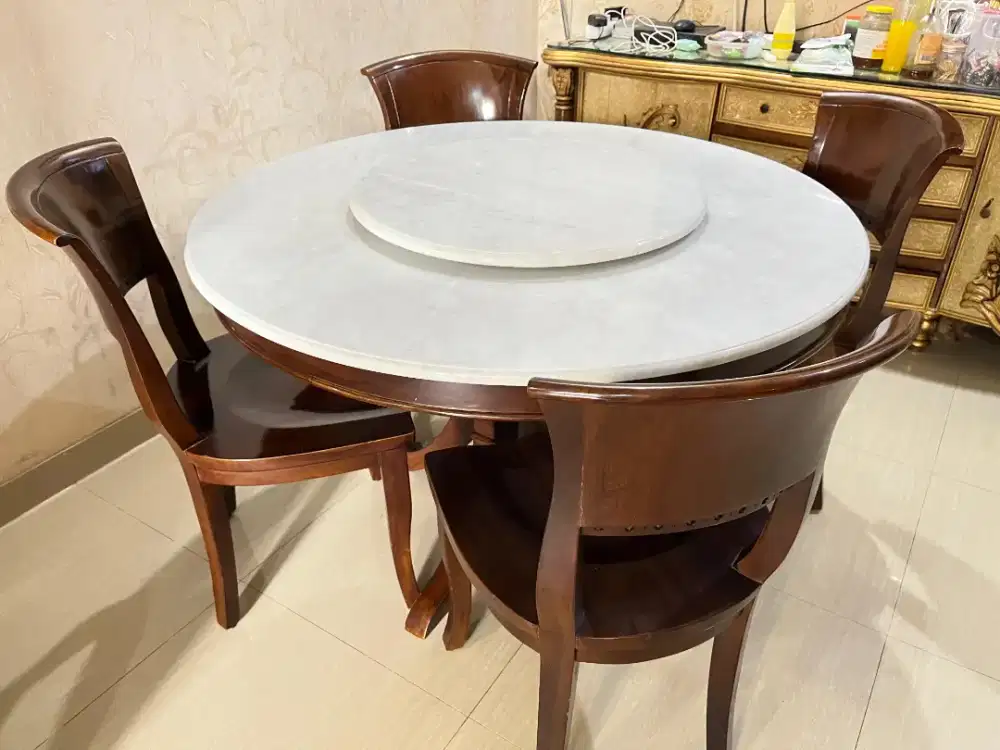 Dijual one set Meja Makan Jati Marmer Besar Asli model Vintage