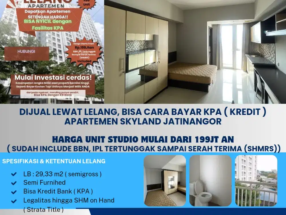 Dijual Lewat Lelang Bisa Cara Bayar KPA ( Kredit ) Apartemen Skyland Jatinangor

Harga Unit Studio Mulai Dari 199jt an
 ( Sudah Include BBN, IPL Tertunggak Sampai Serah Terima (shmrs))