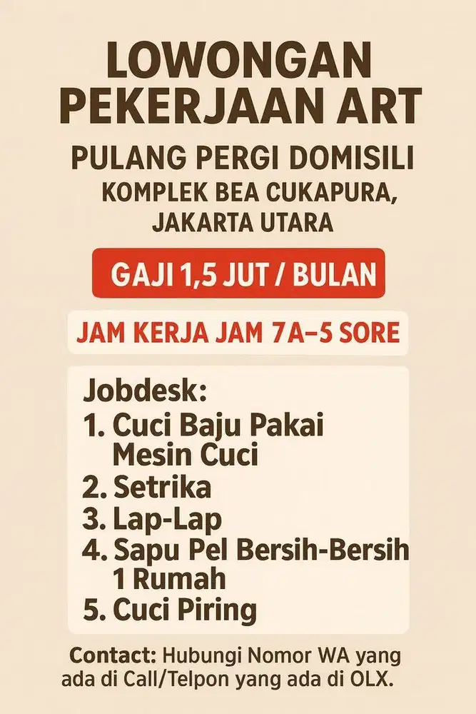 Lowongan ART Pulang pergi pembantu asisten rumah tangga