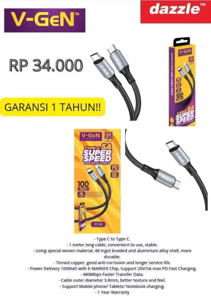 V-Gen kabel data type c to Type c