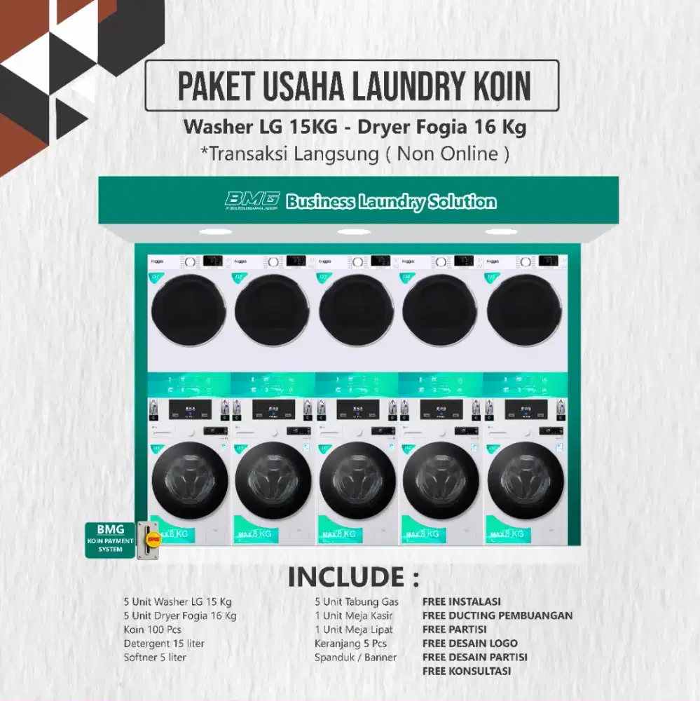 PAKET USAHA LAUNDRY KOIN 2,3,4,5 STACK/ WASHER LG 15KG- DRYER FOGIA 16
