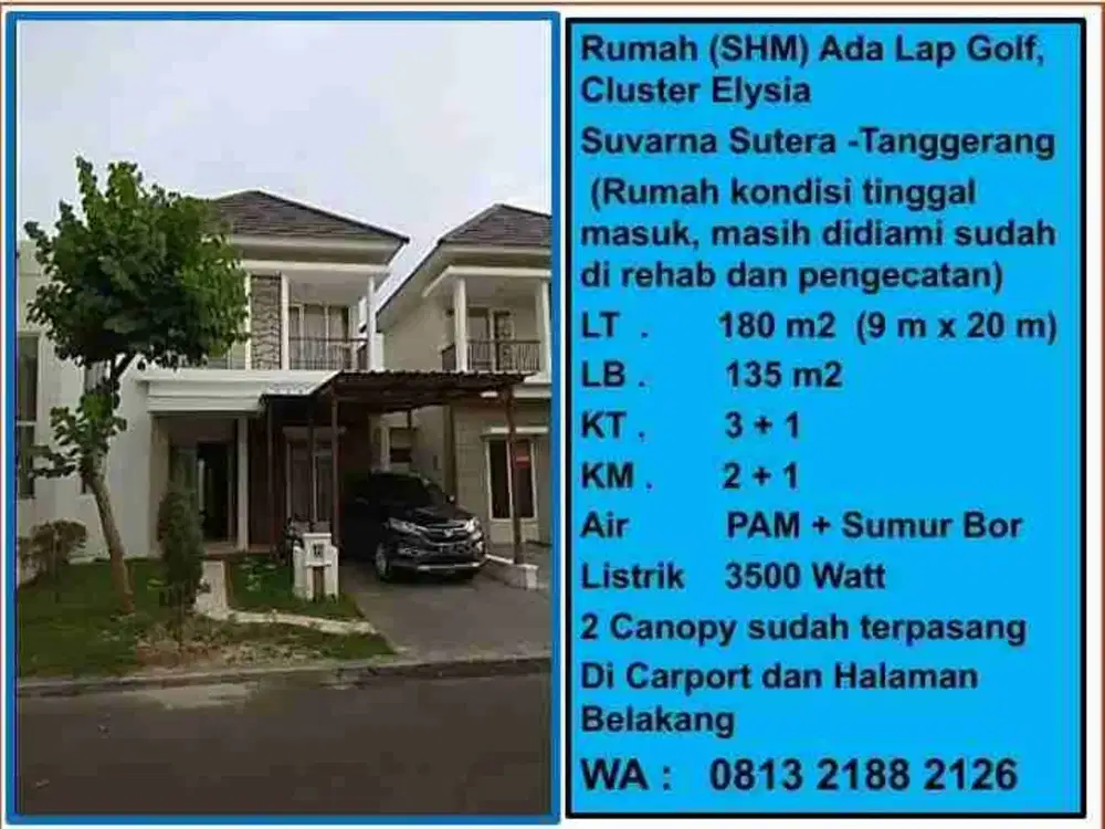 Rumah 2 Lantai, di Suvarna Sutera, Tangerang, 3 Kamar Tidur
