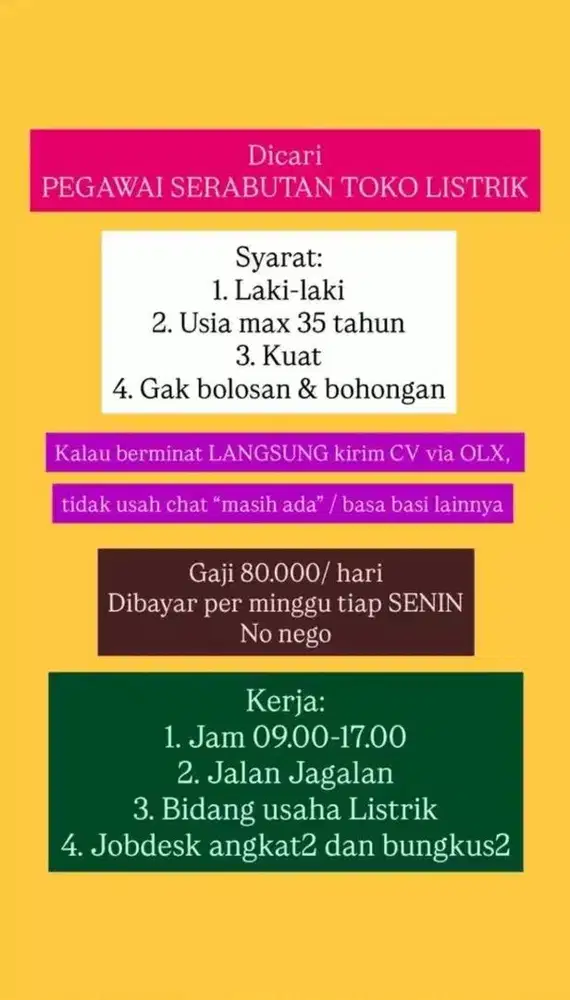 Lowongan SERABUTAN di toko listrik