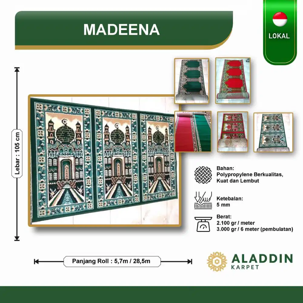 Karpet Masjid Murah Madeena - Meteran Permeter Merah Hijau