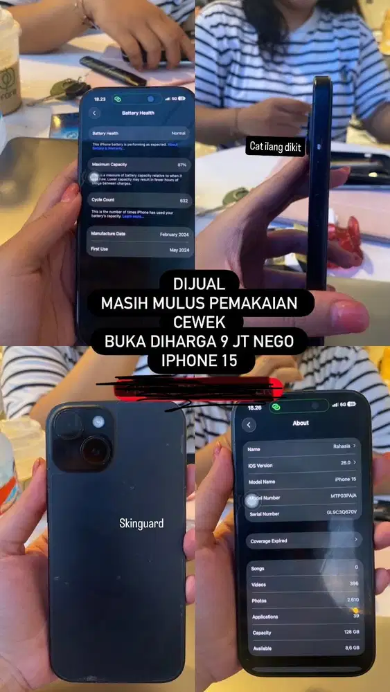 Merk : Apple, model : iphone 15 , pemakaian : 1th 6bln