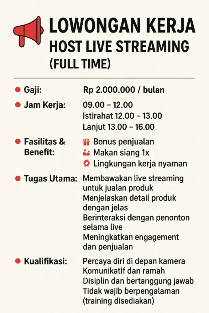 Lowongan kerja host live streaming