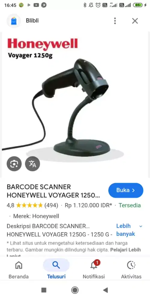 barcode scanner honeywell 1250g