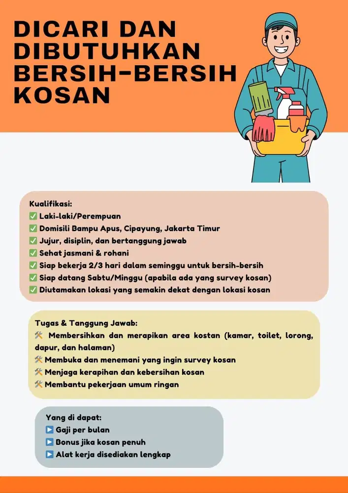 Lowongan Kerja: Office Boy/Girl di kosan Cipayung Jakarta Timur