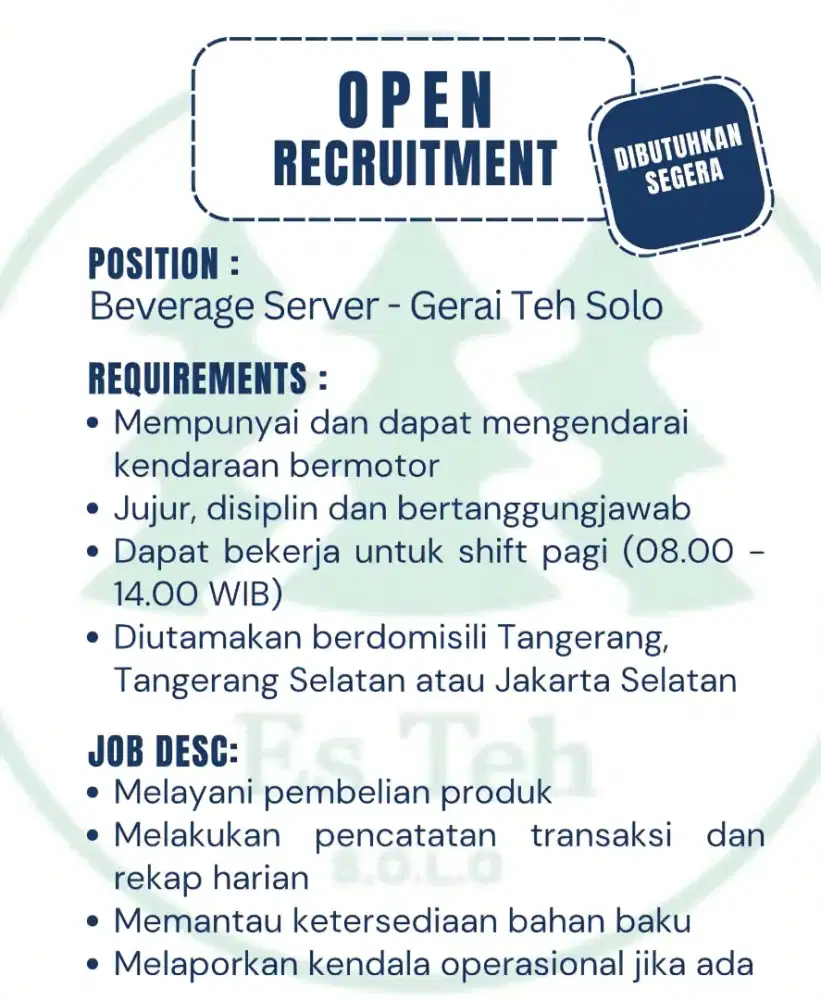 Lowongan Kerja Beverage Server (Penjaga Gerai) Teh Solo