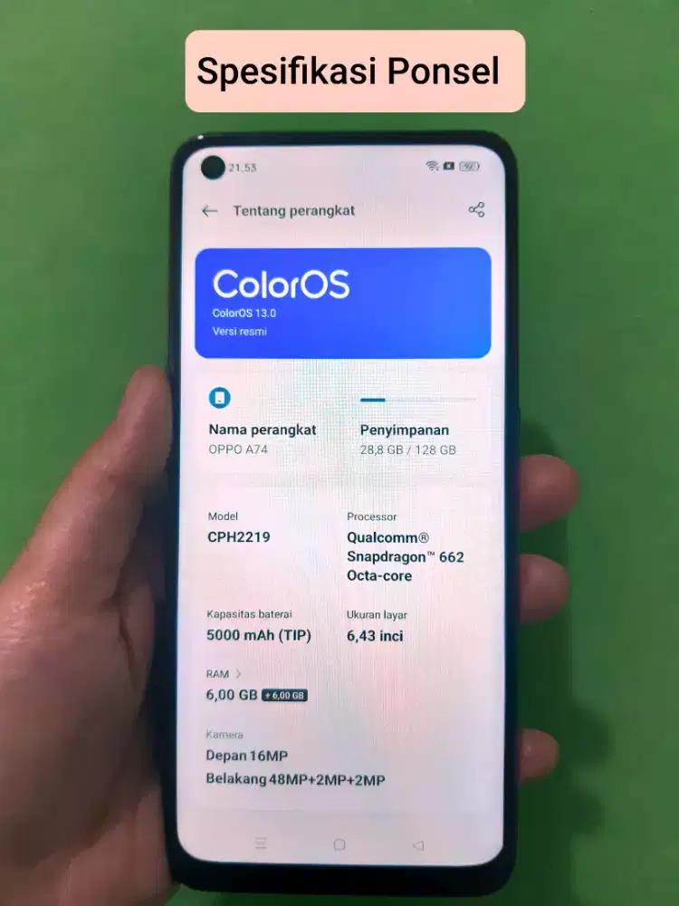 HP Oppo A74 4G Ram 6 memory internal 128Gb.