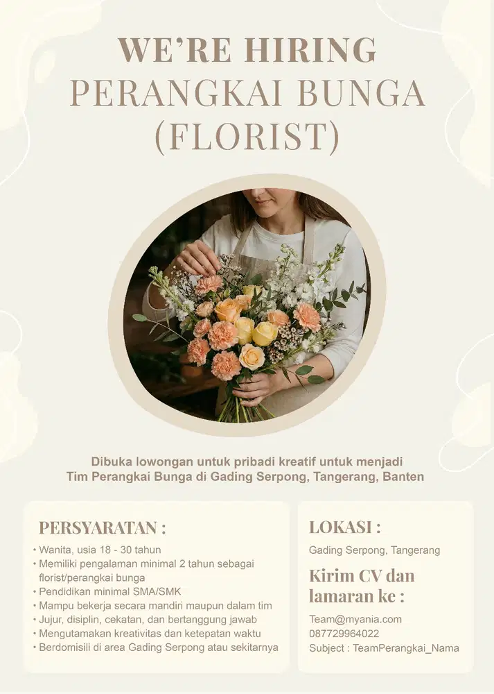 WE'RE HIRING PERANGKAI BUNGA/FLORIST DI GADING SERPONG