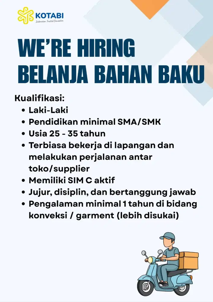 Dibutuhkan Staf belanja bahan pakaian dan PIC produksi