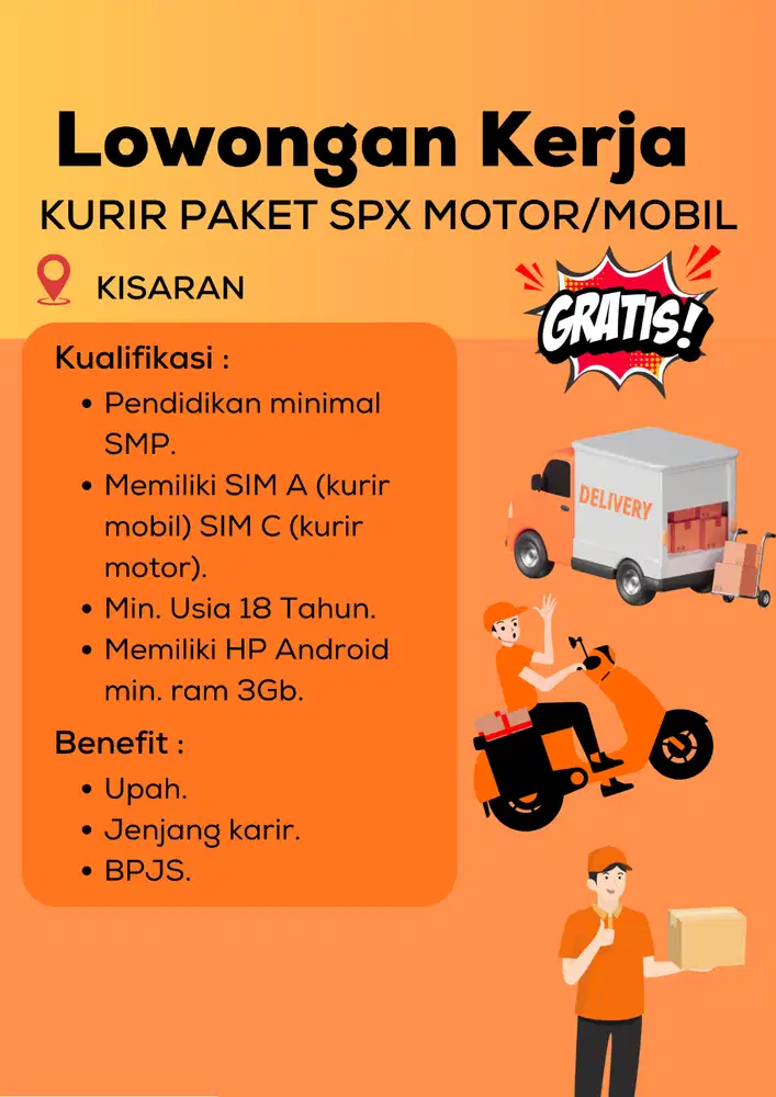 LOWONGAN KERJA KURIR MOTOR EKSPEDISI AREA KISARAN, SUMATERA UTARA