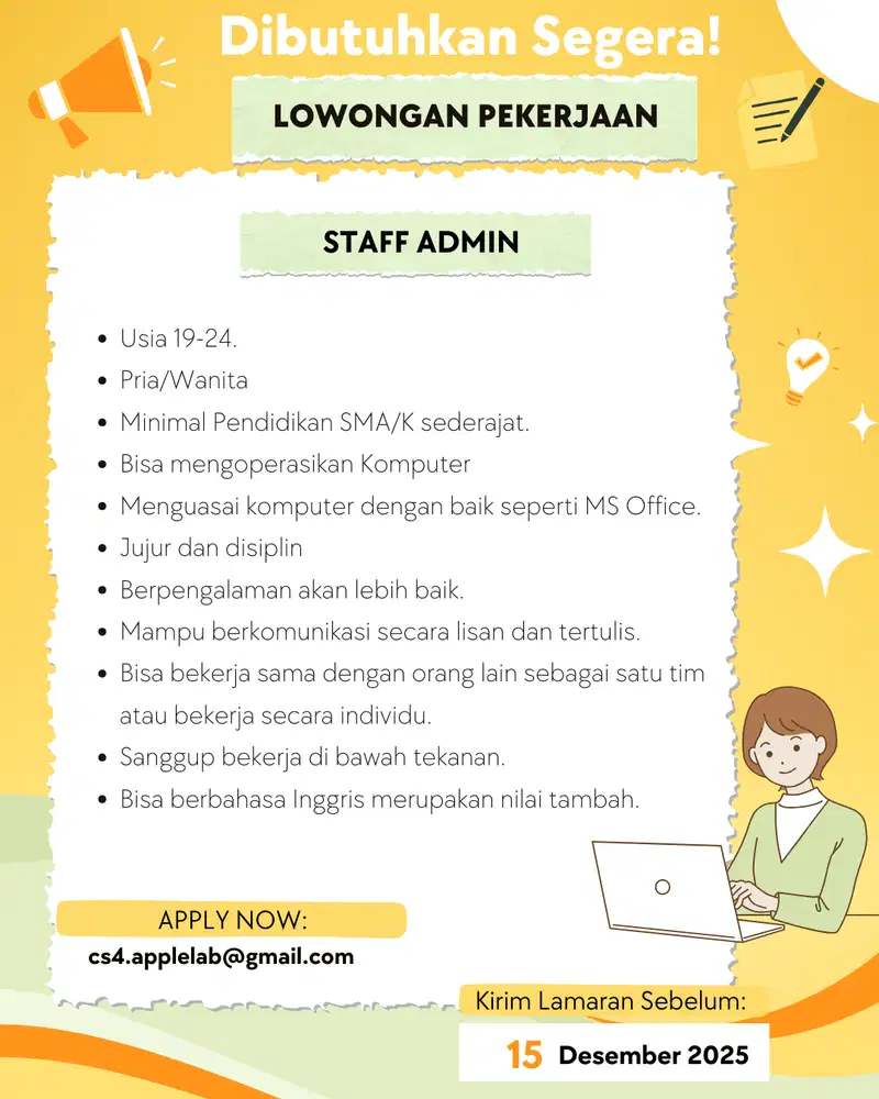 DIBUTUHKAN SEGERA! STAFF ADMIN. APPLY NOW!!