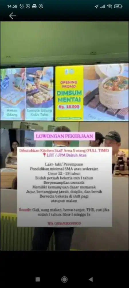 Dibutuhkan  pegawai jaga stand dimsum