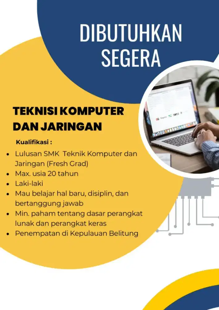 DIBUTUHKAN SEGERA TEKNISI KOMPUTER DAN JARINGAN