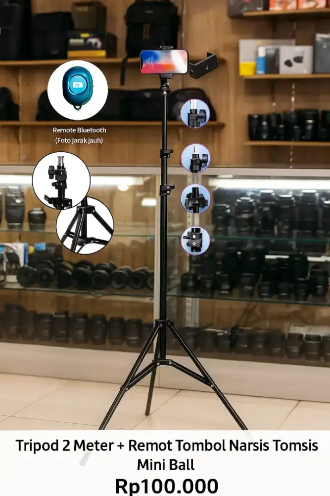 Tripod 2,1 meter Remot Tomsis Tombol Narsis Mini Ball Head Ball Holder