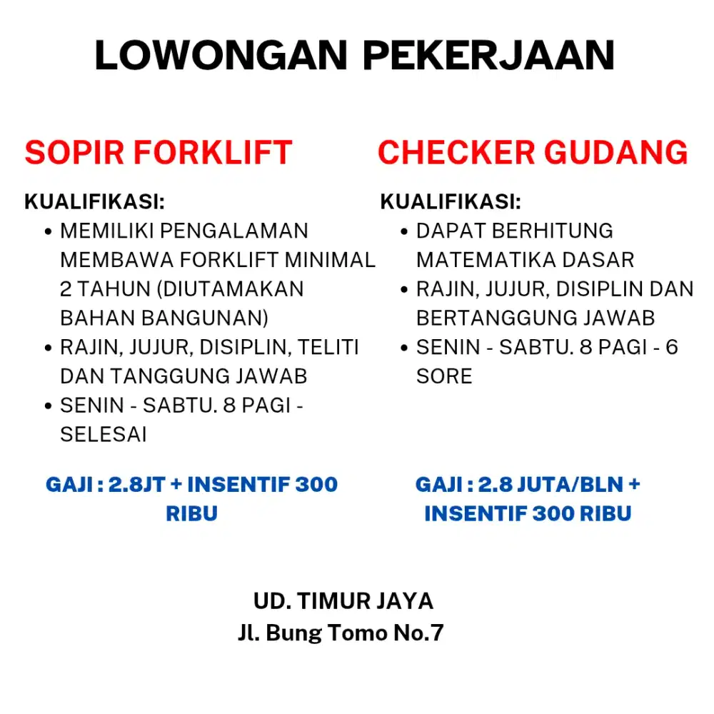 DICARI SEGERA SOPIR FORKLIFT DAN CHECKER GUDANG