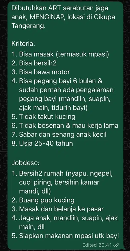 DIBUTUHKAN SEGERA-ART & Jaga Bayi MENGINAP