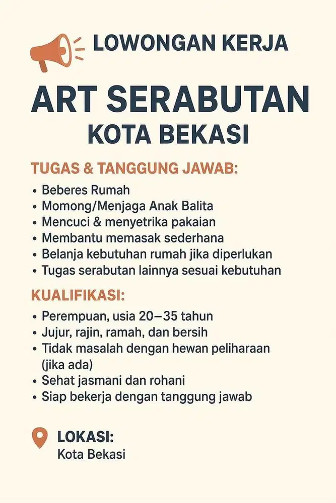 Dicari ART Serabutan Pengalaman