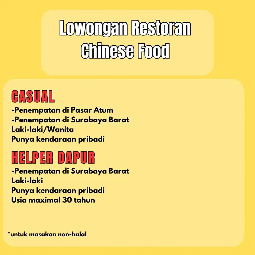 LOWONGAN RESTORAN CHINESE FOOD