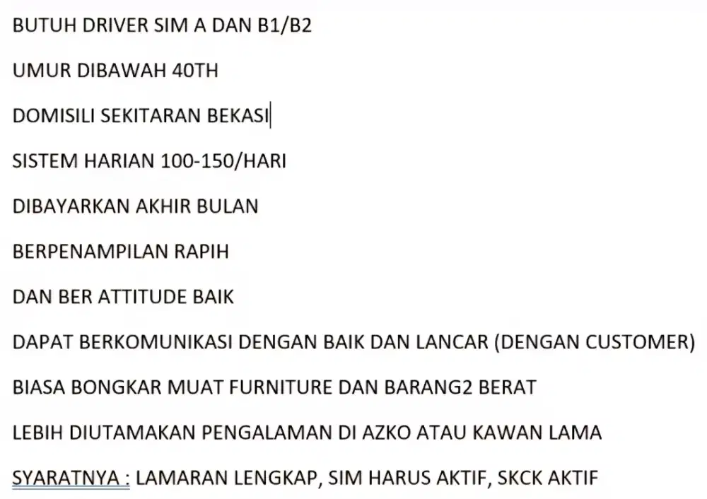 Masih Butuh Driver Sim B1. Hari senin interview